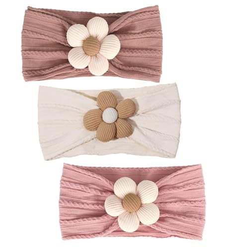 Baby-Girls Floral-Bows-Headband Baby-Turban-Knotted-Elastic-Soft-Headwrap for Newborn-Infant-Toddler Hair-Accessories - color: Khaki+Beige+Pink 3pcs