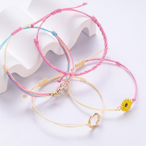 Sunflower Friendship Bracelets Boho Stackable String Bracelets Cute Trendy Gifts for Teen Girls Women - color: Pink