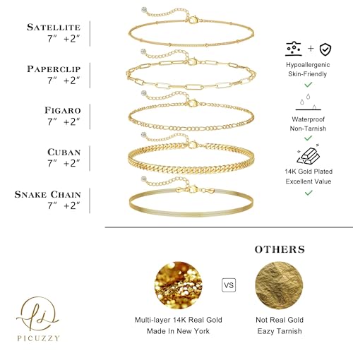 Dearmay Gold Bracelets for Women Waterproof, 14K Gold Plated Minimalist Bracelets Stack Non Tarnish Trendy Dainty Herringbone Vintage Cuban Paperclip Rope Thin Box Link Chain Stackable Jewelry Sets Modern Fashion Accessories Gifts for Womens - style: 5Pcs