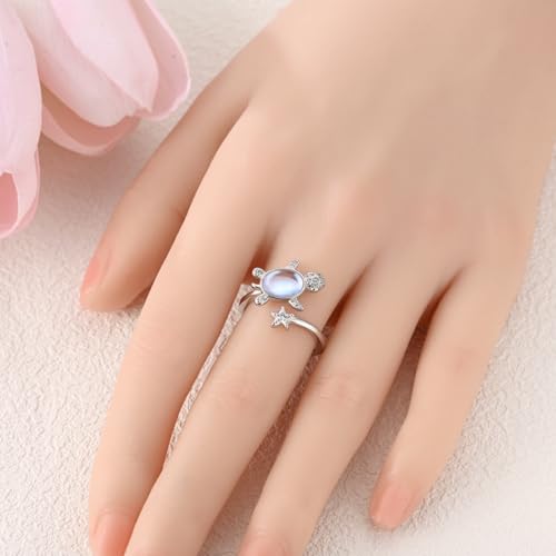 PARCOM Adjustable Women Stackable Ring, 925 Sterling Silver Open Rings - Trendy Eternity Cubic Zirconia Stackable Band Engagement Promise Ring for Her, Hypoallergenic Non Tarnish Nature Bird Floral Thumb Rings - color: Ocean Guardian Turtle