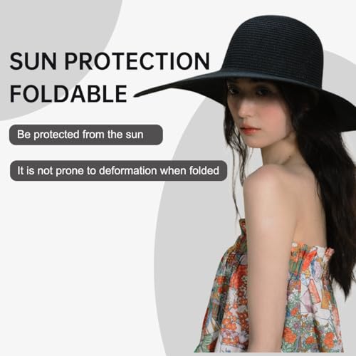 Women Wide Brim Sun Straw Hat Floppy Foldable Roll Up Beach Cap UPF 50 Summer Hat for Holiday Traveling Daily Wearing (Black) - color: Black