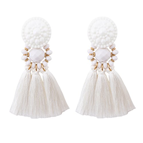 boderier Bohemian Statement Thread Tassel Chandelier Drop Dangle Earrings with Cassandra Button Stud - color: White