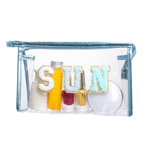Clear Preppy Patch Makeup Bag, Sun Chenille Letter Bag for Beach, Pouch With Zipper, Travel Cosmetic Toiletry Bag for Women Girls Teens (Blue) - color: Blue