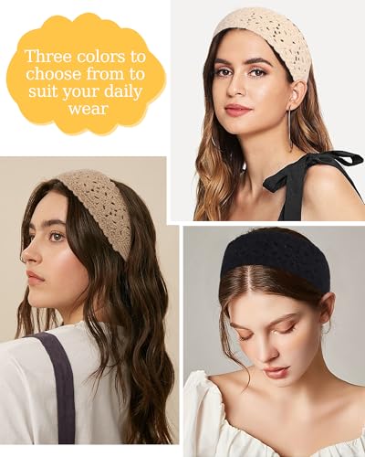 HAIMEIKANG Hippie Hair Bandana Headbands for Women Boho Headband Knit Hair Bands Floral Head Wrap for Women and Girls(Black+Beige+Coffee) - color: Black+Beige+Coffee