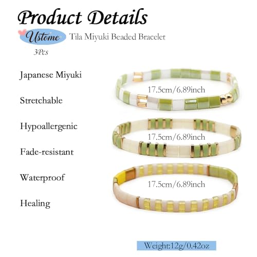 Tila Flat Square Stack Beaded Bracelets Set for Women Men, Boho 3Pcs Romantic Handmade Healing Gold Colorful Stretch Accessories Jewelry, Daily Vacation Party Holiday Friendship Gift - color: Mint Lemon White