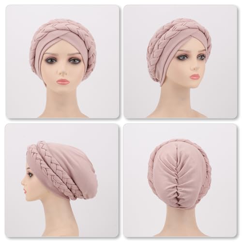 African Women Turban Caps Pre-Tied Twisted Turbans Head Scarf for Women Hair Wraps Cover Beanie Cancer Chemo Headwear - color: 1 Pack Double Twisted Braid A: Flesh Pink