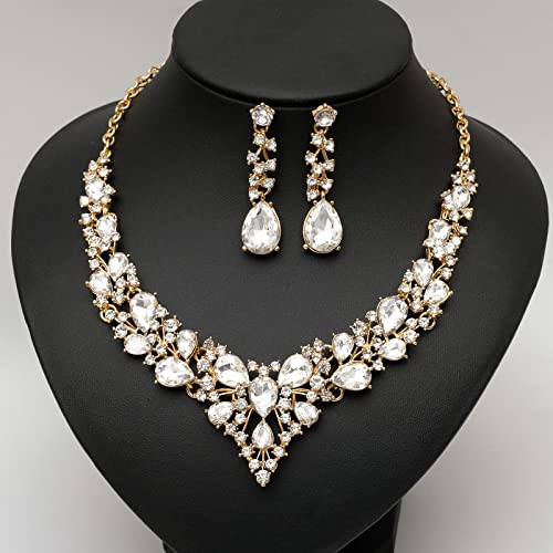 CSY 4 Pcs/Set Austrian Crystal Necklace Earrings Bracelet Ring Bridal Jewelry Sets for Brides Wedding Party Costume Accessories Gifts for Women - color: 02-gold plated-white