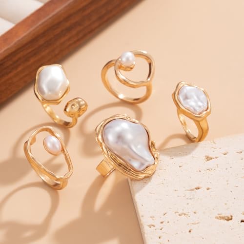 Chunky Gold Pearl Rings for Women Vintage Baroque Pearl Rings Set Open Stacking Pearls Ring Set Irregular Geometric Pearls Ring Boho Prom Costumes Fashion Jewelry Accessories - style: 5PCS B