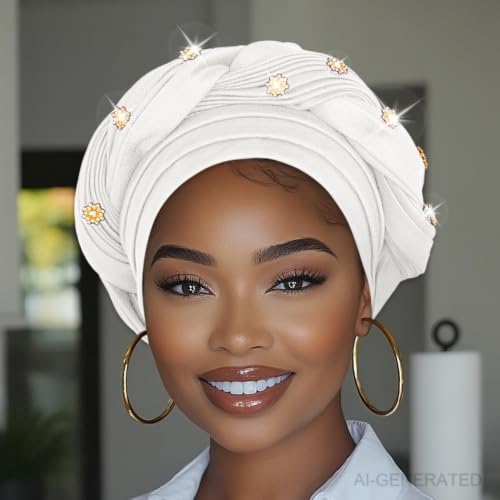 Woeoe Women African Turban Pre-Tied Twisted Beanie Cap Headwear Rhinestone Soft Stretchy Head Turbans - color: White