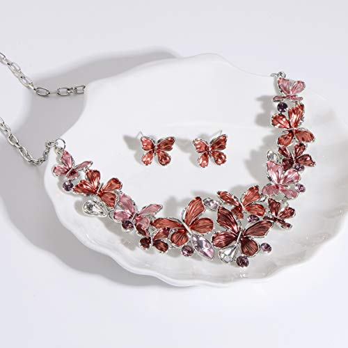 AMYJANE Vintage Statement Jewelry Set - Spring Leaf Flower Floral Plant Necklace Earring Set Crystal Rhinestone Fashion Costume Jewelry for Women Prom Party Unique Gift - style: Butterfly Jewelry Set Red
