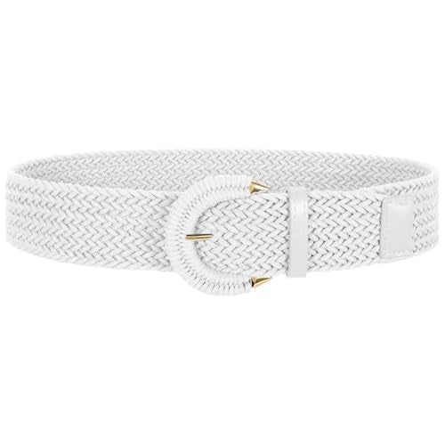 SANSTHS Women Wide Woven Belt for Dresses Fashion Rattan Braided Waist Belt Straw Raffia Boho Belt for Jeans - color: C-white, size: Fits waist size 50‘’-54"