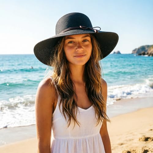 DRESHOW Beach Hats for Women Big Straw Wide Brim Summer Hat Floppy Foldable Roll up Cap Sun Hat UPF 50+ - color: 1 Pack Bowknot Hat: Black, 4.7" Brim