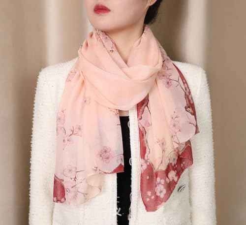 Xyueanlo Women's Chiffon Scarf Lightweight Scarves Fashion Elegant Floral Print Scarfs Shawls - color: Little Plum Blossom Red Pink