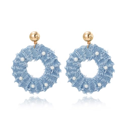 Coiris Bohemian Statement Dangle Earrings for Women Denim Leather Shells Pearl Polygonal Leaf Circle Drop Earrings for Women - style: Denim Pearl