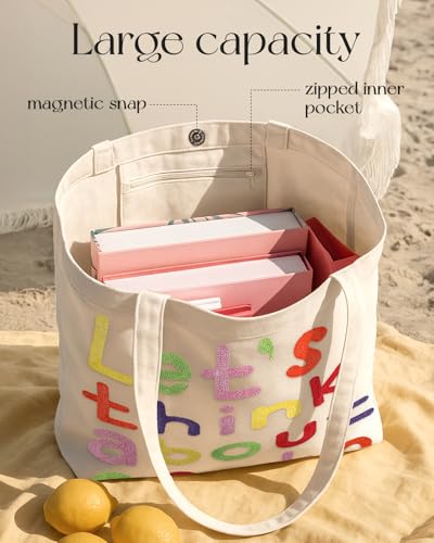 Miss Adola Embroidery Tote Bag with Pocket & Buckle - Reusable Canvas Tote for Women Cute Aesthetic Work Shopping Grocery Bag - style: Word
