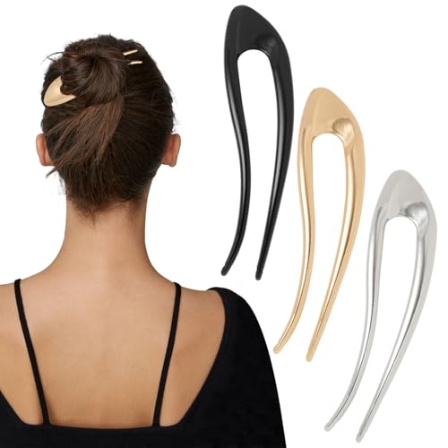3PCS 5.1 Inch U Shaped Metal Hair Forks for Women, Vintage French Twist Hair Pins for Long Thick Hair, Elegant Hair Accessories for Bun Updo and Chignon Styles