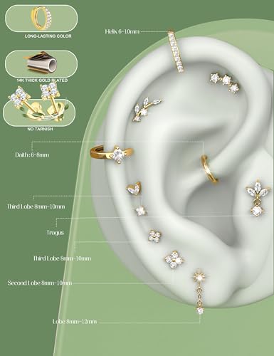 ORAZIO 16 Gauge Cartilage Earrings for Women Flat Back Hypoallergenic Surgical Steel Small Flatback Stud Hoop Cartilage Earring Stack Set Daith Conch Tragus Helix Piercing Jewelry Single PC - color: 14K Gold Plating