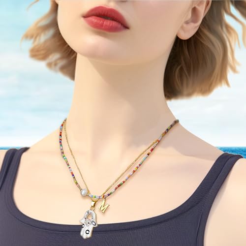 Colorful Pearl Beaded Initial Choker Necklaces for Women, Boho Handmade Personalized Seed Beads Letter Name Necklace Beach Surfer Bohemian Jewelry Gift - color: C