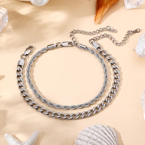 2PCS Ankle Bracelets for Women - Gold/Silver Plated Stainless Steel Anklets Set - Waterproof Layered Cuban Link Chain Anklet Bracelet Summer Beach Foot Jewelry Gifts for Women (Style 3-Silver)