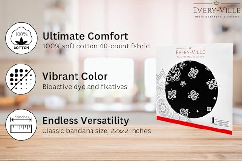 Gift Packaging Bandana for Men Women - 100% Cotton, Paisley, 22x22 In, 1 Pack - Large Bandanna Handkerchief Cowboy Hanky - color: Black
