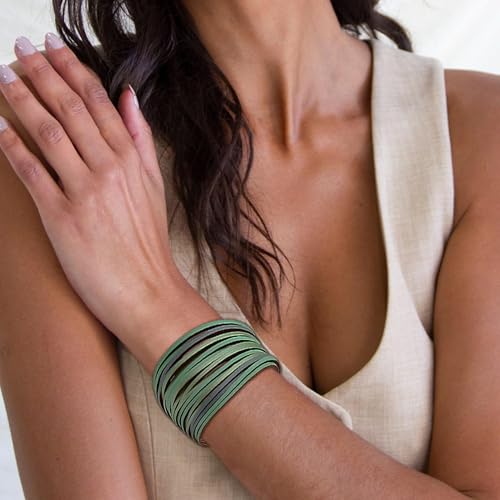 Long tiantian Boho Bracelets for Women Western Jewelry for Women Leather Wrap Bracelets Stackable Bangle Western Outfit for Women - color: bracelet for women(green)