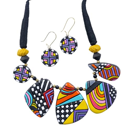 Bold Multicolor Geometric Terracotta Jewelry Set Hand-Painted Clay Necklace with Earrings | Artisan Handmade Statement Boho Jewelry for Women | Gift for Her - color: Boho Brunch
