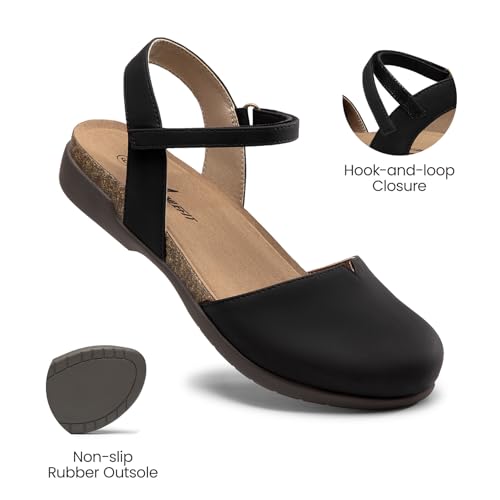 Athlefit Women's Closed Toe Sandals Comfort Cork Footbed Arch Support Flat Sandals - color: Black, size: 9.5