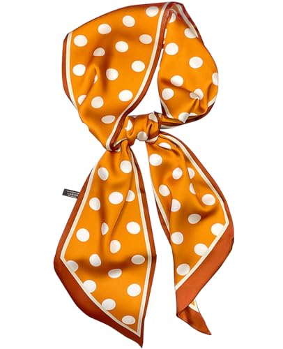 kcctoo 59" Mulberry Silk Like Head Scarf Women's Fashion Square Neck Satin Scarfs for Bag Hair Scarves Gift 59 * 5.9” - color: A001-orange White Spots /59"x5.9"