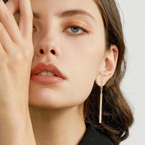 Silver Bar Dangle Drop Earrings for Women, 14K Gold French Style Leverback Dangle Drop Earrings, Hypoallergenic Jewelry - color: CZ 14K Gold