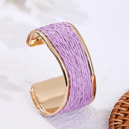 Raffia Colorful Chunky Cuff Bracelet For Women Statement Irregular Wave Vacation Tropical Beachy Spring Summer Wide Open Bangle Handmade Boho Costume Jewelry Accessories - color: Light purple