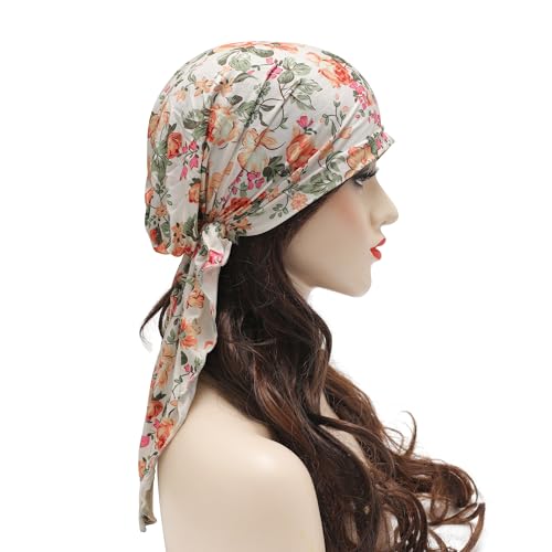 ZLYC Chemo Headwear Pre Tied Head Scarf Headwraps Lightweight Turban Beanie Cap for Women - color: Flower White