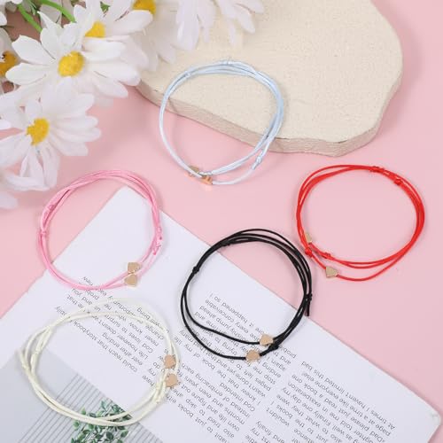 Skrfren 10 Pack Heart Friendship Bracelets, Adjustable Heart Bracelet with Gold Hearts Cord Red Bracelets for Women with Gold Hearts, Red Thread Bracelet for Women Friends Partners Lovers