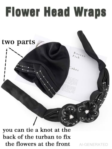 Woeoe Beanie Cap Head Wrap Black Rhinestones Head Scarf Flower Pearls Twisted Head Turban for Women Girls - color: Black