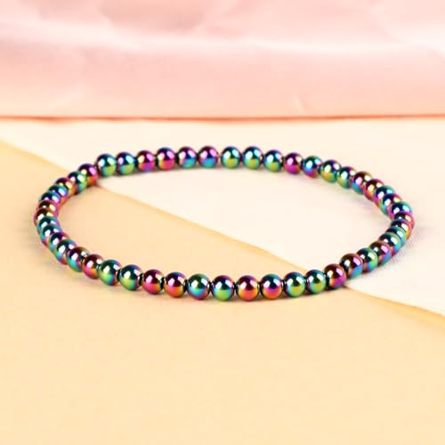LPBeads Handmade Natural Gemstone Stretch Elastic Bracelet Healing Crystal Round Stone Beads Jewelry Gifts for Women Men - color: Rainbow Coated Hematite, size: 4mm