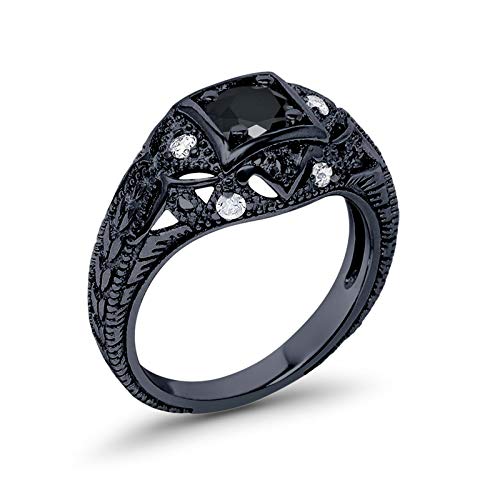 Blue Apple Co. Art Deco Ring Round Cubic Zirconia Leaf Filigree Design Split Shank Twisted Band Bridal Statement Wedding Engagement Rings For Women 925 Sterling Silver Gifts For Her - color: Black Tone, Simulated Black CZ