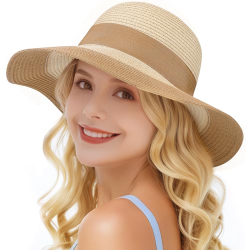 Beach Hats for Women, Sun Straw Hat for Women, UPF 50+ UV Sun Protection Sun Hat Womens, Foldable Floppy Sun Hat - color: D-khaki & Beige