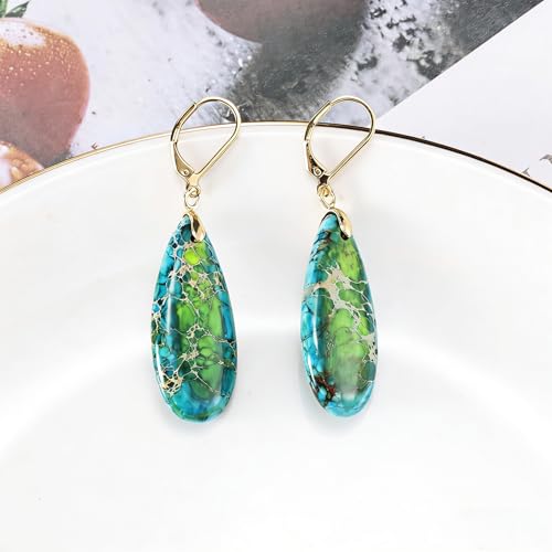 XGALBLA Boho Long Teardrop Stone Dangle Drop Earrings for Women Natural Healing Stone Leverback Earrings Statement Gold Tone - color: Green- Golden Leverback