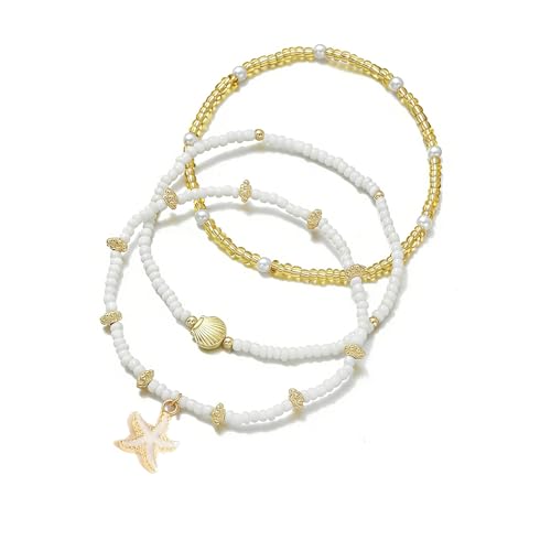 Boho Multilayer Anklet for Women Beach Shell Starfish Pearl Beaded Ankle Bracelets Adjustable Waterproof Summer Foot Chain Jewelry - color: White starfish