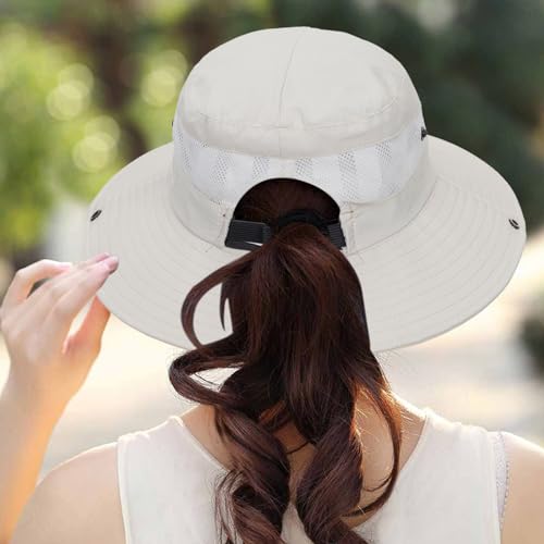 Womens Summer Sun Hat Beach Hat Wide Brim Outdoor UV Protection Hat Packable Mesh Bucket Hat with Ponytail Hole - color: Solid Beige