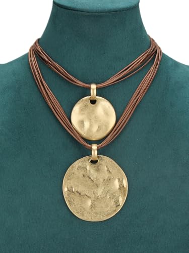 Leather Necklace for Women Large Pendant Hippie Choker Necklace Vintage Sweater Necklace Chunky Boho Necklaces for Women - style: Funky Statement Necklace