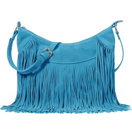 Sunwel Fashion Women Fringe Hobo Bag Western Purse Shoulder Bag Vegan Suede Tassel Hippie Crossbody Bag - color: Turquoise Blue