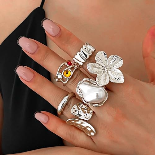Gold Silver Chunky Ring Set for Women,Open Stacking Knuckle Statement Ring,Boho Flower Baroque Pearl Rings Set,Minimalist Aesthetic Rings Jewelry Gifts - color: Silver