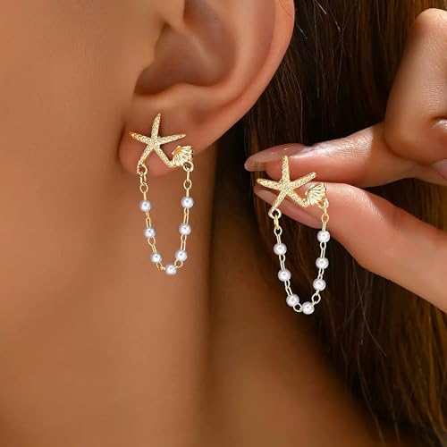 Freekiss Gold Chain Studs Earrings for Women Trendy: Hypoallergenic 14K Gold Plated Dangle Earrings Dainty Small Long Chain Earring Set Fashion Gold Jewelry for Women - style: Starfish chain earrings-GD