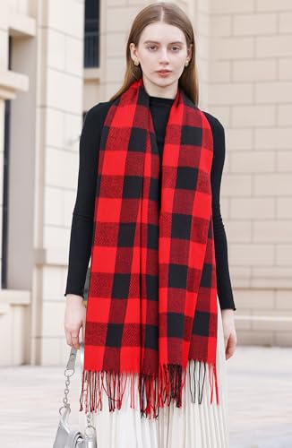 Wander Agio Women's Fashion Long Shawl Big Grid Winter Warm Lattice Large Scarf - color: Red Black Plaid