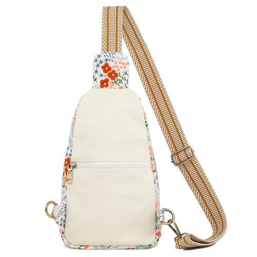 SILKAREA Canvas Sling Bag for Wome Crossbody Purse Small Sling Backpack Purse Travel Hiking Chest Bag Daypack - color: Embroidered White