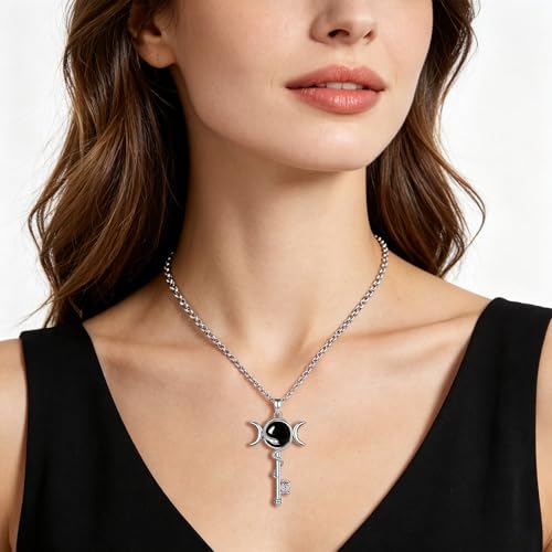 INFUSEU Mystical Hecate Triple Moon Goddess Necklaces, Divine Feminine Protection Gifts - style: Obsidian Hecate Key