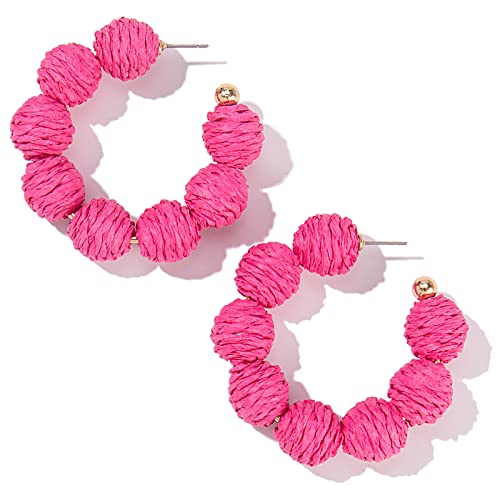 Raffia Hoop Earrings Statement Boho Beaded Earrings Cute Rattan Handmade Colorful Jewelry for Women Unique Summer Outfits - color: Rose