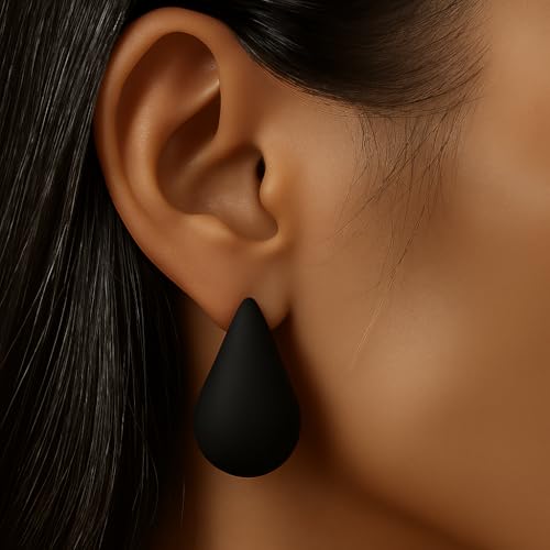 14K Gold Clip On Earrings Women,Teardrop Chunky Detachable Hoop Clip-On Earrings for Non Pierced Ears Hypoallergenic Lightweight Earring Clips - color: Black