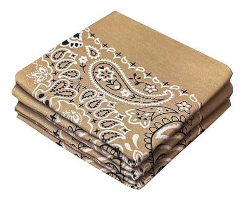 Classic Paisley Bandanas - 3 Pack Gift Set, 100% Cotton, 22x22 Inches - color: Tan