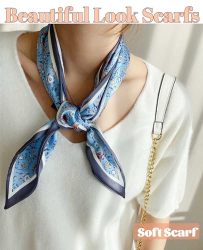 kcctoo 59” Long Silk Like Head Scarf Women's Fashion Square Neck Satin Scarfs for Bag Hair Scarves Gift 59 * 5.9” - color: D2 Blue Flower Drop Shaped 59" X 5.9"